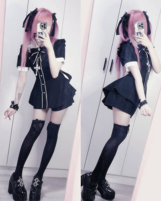 [Shipped within 7 days] Jirai Kei Black short-sleeved Blouse Set – Honeyswan