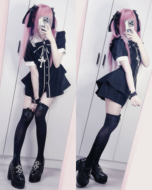 [Shipped within 7 days] Jirai Kei Black short-sleeved Blouse Set – Honeyswan