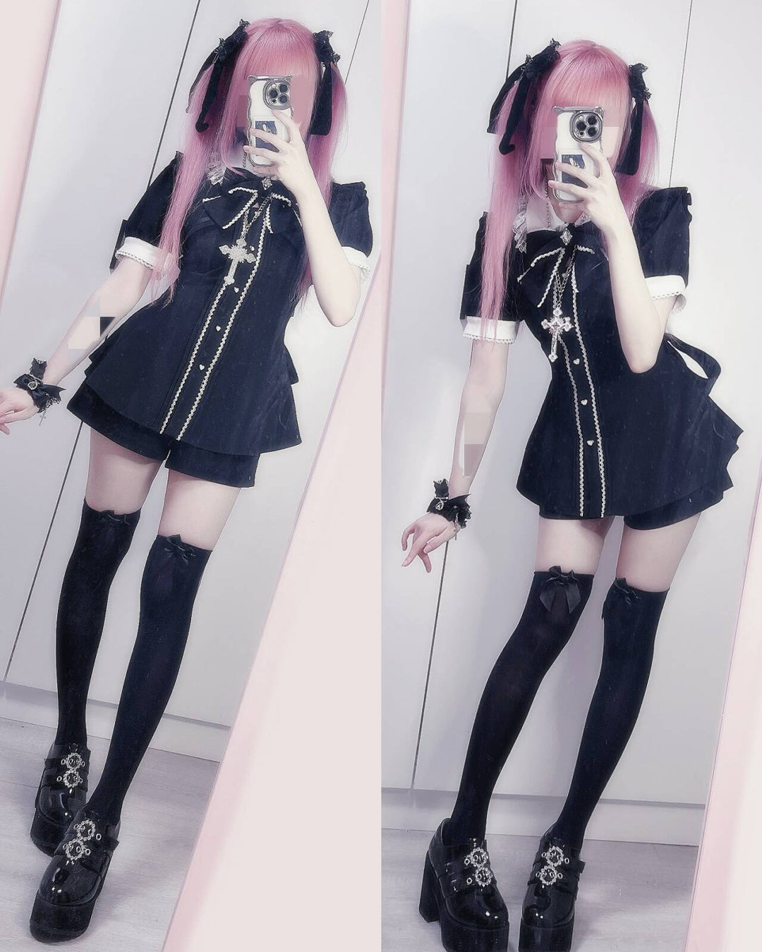 [Shipped within 7 days] Jirai Kei Black short-sleeved Blouse Set – Honeyswan