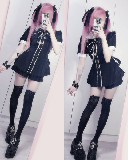 [Shipped within 7 days] Jirai Kei Black short-sleeved Blouse Set – Honeyswan
